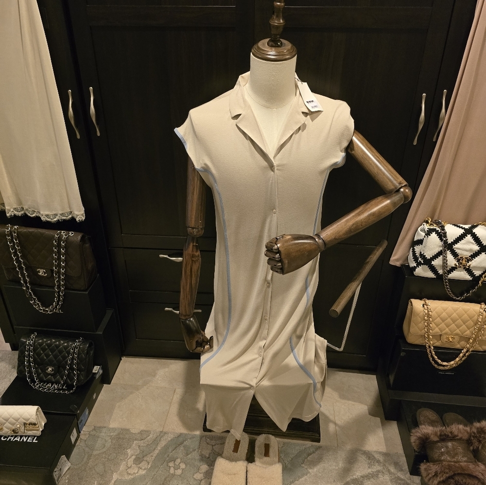 Frette LuxuryNewW/Tags 2025 Beige  Nightgown Pyjamas w/Blue Trim Button Down - Picture 11 of 15
